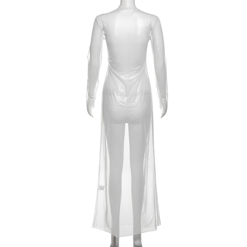 Autumn Winter Women round Neck Long Sleeve Sexy See through High Waist Figure Flattering Sheath Dress
