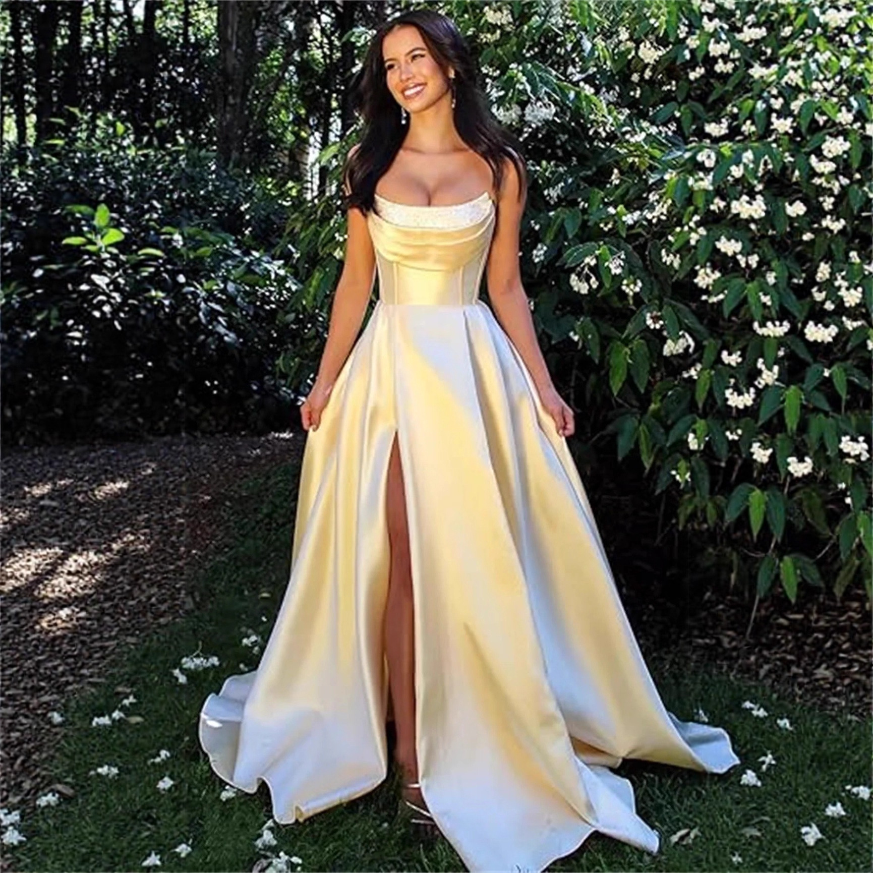 Cross-Border European and American Evening Dress Banquet Party Birthday Slit Dress Skirt Celebrity Satin High-End Light Luxury Style Dress