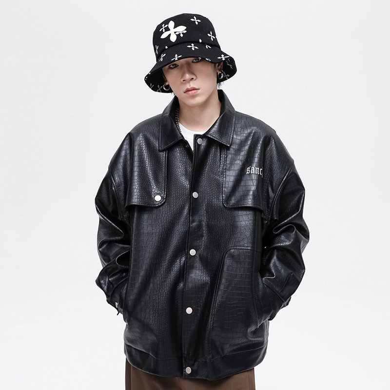 2024 New Crocodile Pattern Letter Embroidery Couple Pu Leather Lapel Jacket Men's Loose All-Match Casual Coat