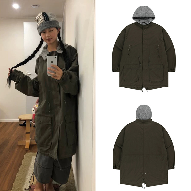 Now the New 2025 Autumn Collection Features Korean Designer Coy*Eio Detachable Hooded Workwear Trench Coat with Large Pockets