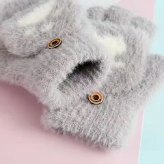 Winter Women's Korean Version Autumn/Winter Cute Fleece Lined Warm Cold Proof Student Writing Flip Half Finger Bear Paw Gloves