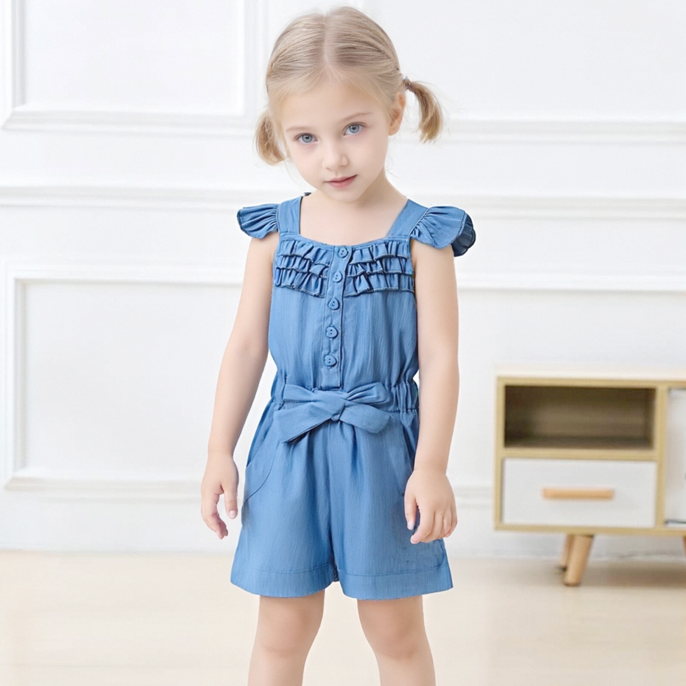 外贸新款夏季女童牛仔连体衣飞袖连体短裤女宝宝童装蝴蝶结时尚潮