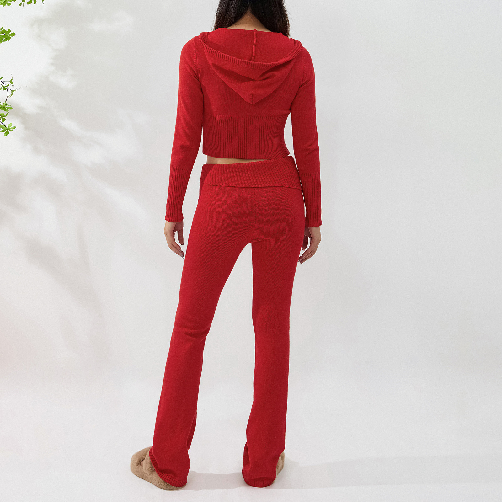 Ensemble deux pièces en tricot à capuche pour femme, pantalon sexy à manches longues et taille haute, à la mode_voghion.com