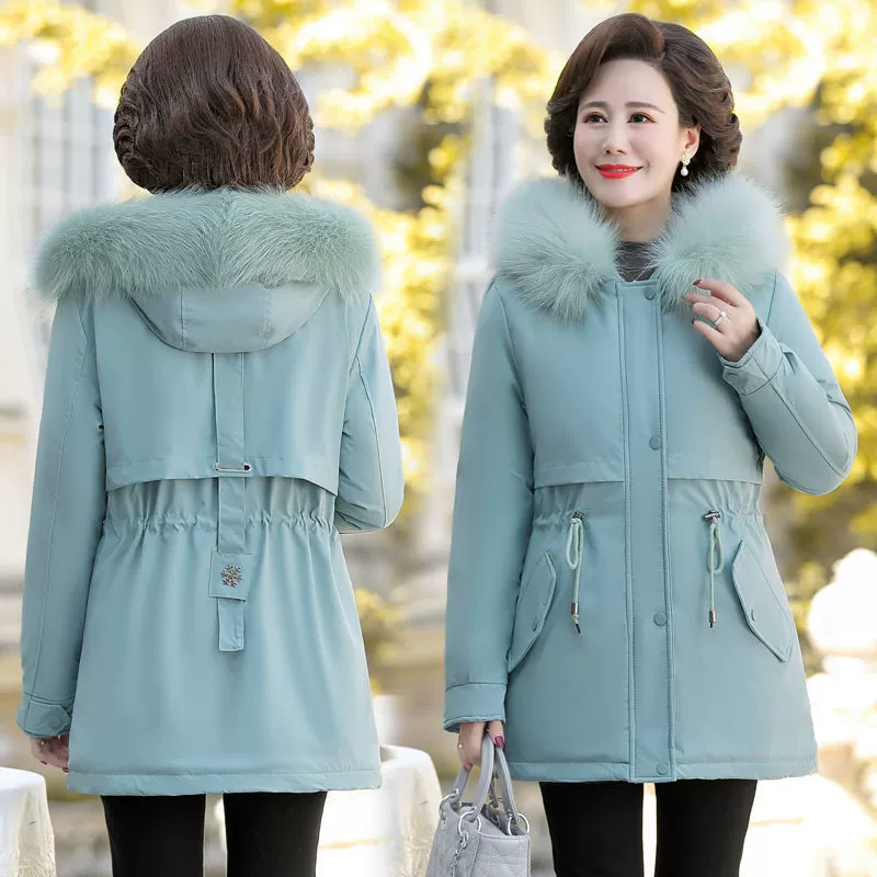 Warm long down jacket, mid-length, western style, for middle age, plus size