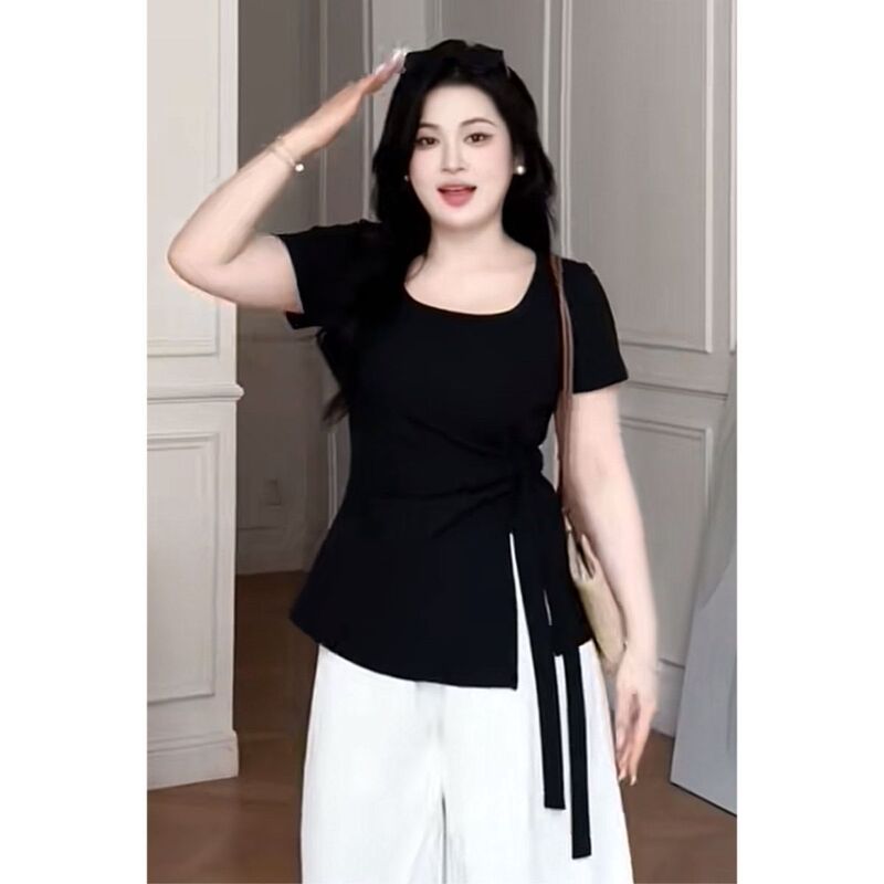 High Elasticity Plus Size Summer Short-Sleeved New Waist T-Shirt Slimming Look Square Collar Design Niche Asymmetrical Top T-Shirt