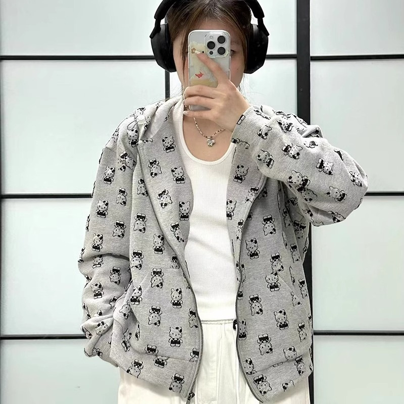 Sweet Cute Cat Print Sweater Cardigan Women's Autumn Long-sleeved Loose Coat Lazy Style Zipper Hooded Top