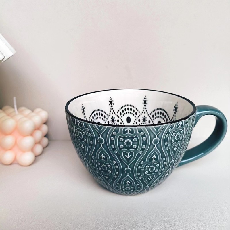 小清新北欧風陶磁器手描きカップオート麦牛乳コーヒーカップ模様彫刻カップ個性電子レンジ微瑕|undefined