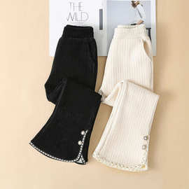 雪尼尔女童休闲裤子2025秋冬新款加绒厚长裤中大童女孩花边喇叭裤