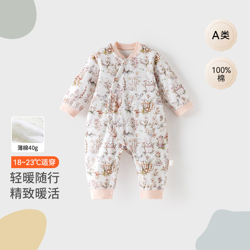 婴儿夹棉连体衣男女宝宝纯棉衣服新生儿薄棉棉衣春秋冬季哈衣爬服