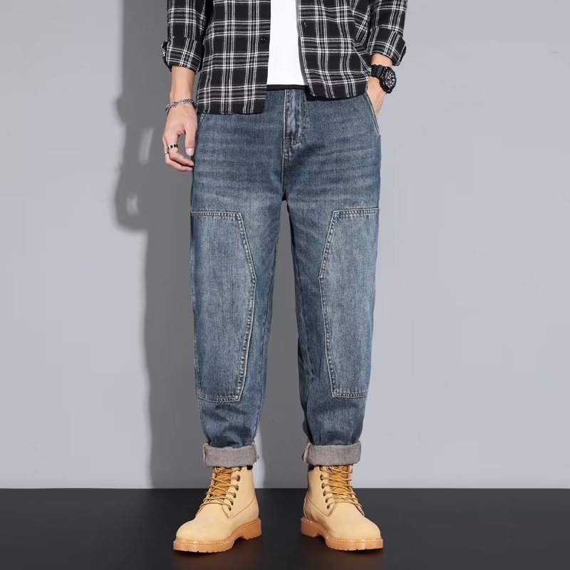 Pantalones vaqueros rectos de tendencia coreana para hombres de primavera y otoño, pantalones anchos sueltos para hombres, pantalones harem de nueve puntos casuales de la marca de moda