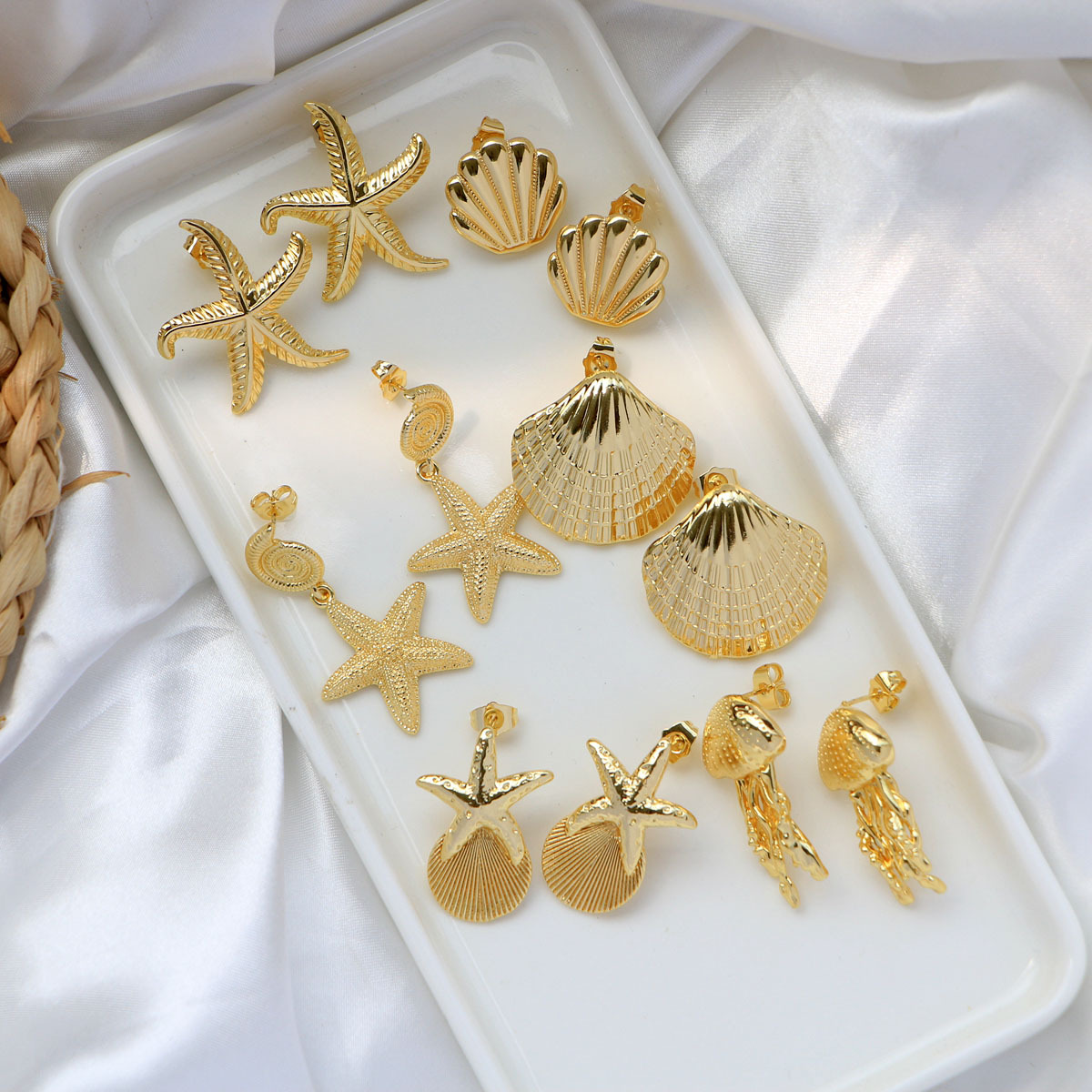 15g Weight 1 Pair Marine Style Starfish Shell Plating Copper Drop Earrings Ear Studs
