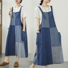 夏季韩版日系别致复古拼接减龄软牛仔薄款无袖长款背带裙