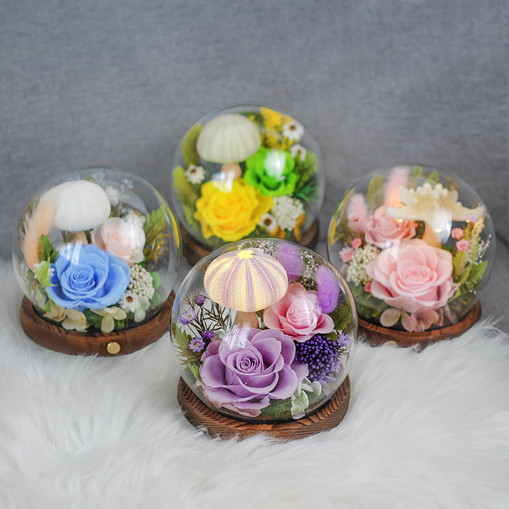 Amazon con flor eterna ligera cubierta de vidrio esférico terminado rosa flor eterna Xinghai Día de la madre Regalo de San Valentín