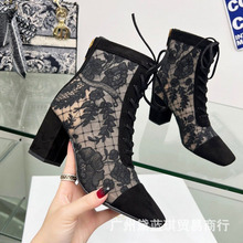 跨境高端蕾丝网纱提花刺绣字母蝴蝶圆头前系带后拉链高跟网靴凉鞋