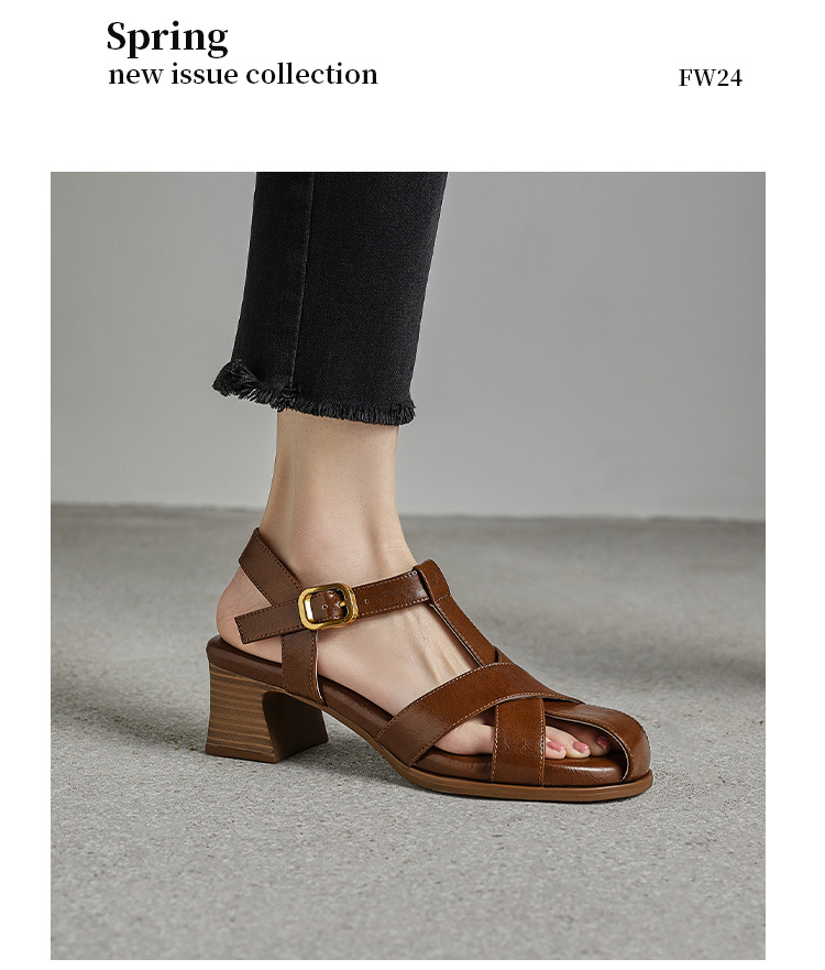 Sandal nữ cao gót quai T dệt kiểu La Mã cổ điển — màu nâu chi tiết 17