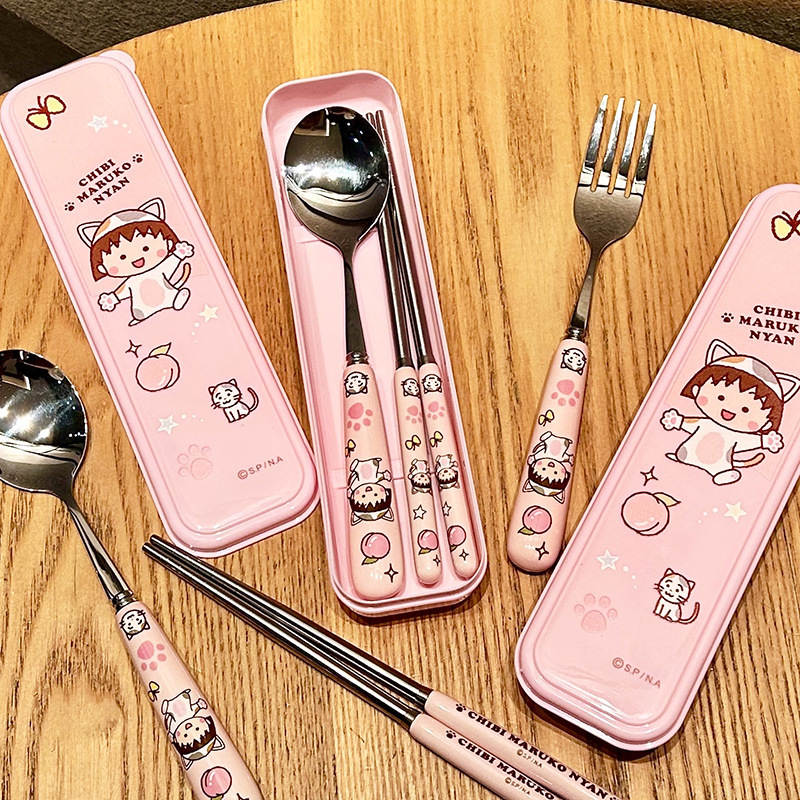 ちびまる子ちゃん304ステンレスセラミックスプーン箸かわいい寮家庭用携帯食器三点セット|undefined