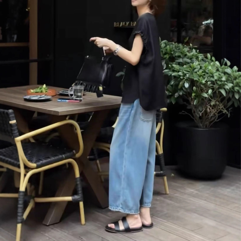 25825新大爱美依缘2025夏季新款高级感黑色宽松上衣牛仔阔腿裤潮|undefined