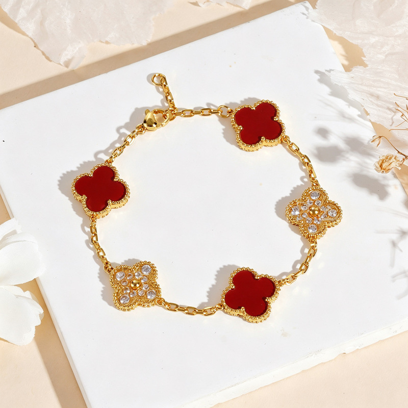 15MM high-end version four-leaf clover groove five-flower diamond bracelet, light luxury designer classic jewelry, factory wholesale 15MM high-end version four-leaf clover groove five-flower diamond bracelet, light luxury designer classic jewelry, factory wholesale
