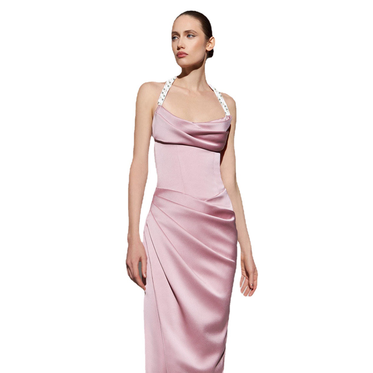 Nuevo vestido de comercio exterior europeo y americano ropa de mujer nuevo Halter anfitrión banquete adelgazamiento vestido de dama de honor Vestido de satén