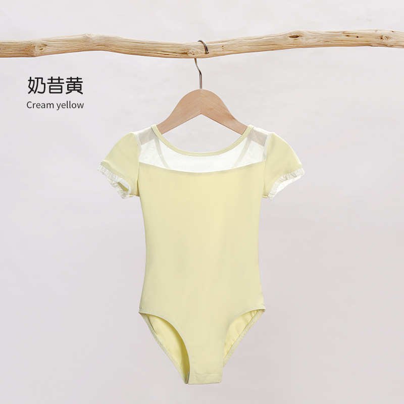 Ropa de baile para niñas y niños de verano de manga corta de nailon encaje manga alta de manga alta delgada red suave baile de una pieza ropa de baile china