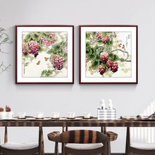 紫气东来葡萄餐厅挂画新中式水果国画实木玄关饭厅装饰画手绘壁画