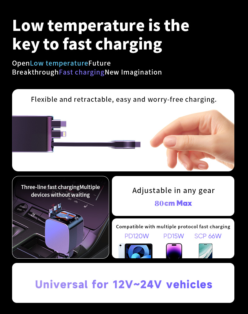 Cross-Border Super Fast Charging Starry Sky Light Car Charger with Retractable Cable Super Fast Car Charger Oem