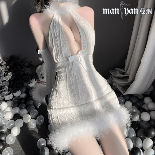 Manyan sexy lingerie sexy halterneck deep V plush strap sheep dress uniform suit dropshipping 9753