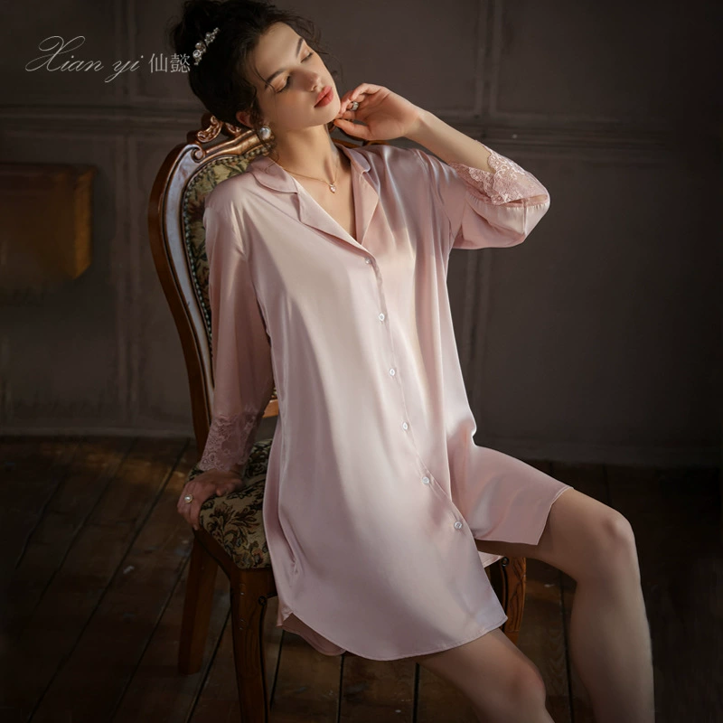 Фея летняя рубашка бойфренда из ледяного шелка однотонная Удобная верхняя одежда с лацканами Домашняя одежда чистое желание пижамы для женщин 509