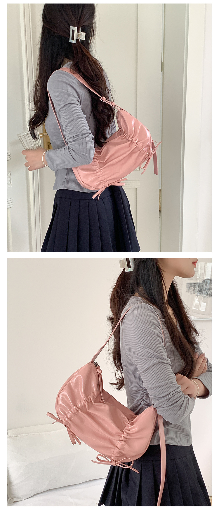 Versione coreana in morbida pelle plissettata 2024 nuovo fiocco tinta unita stile di nicchia alla moda spalla singola sotto le ascelle_voghion.com