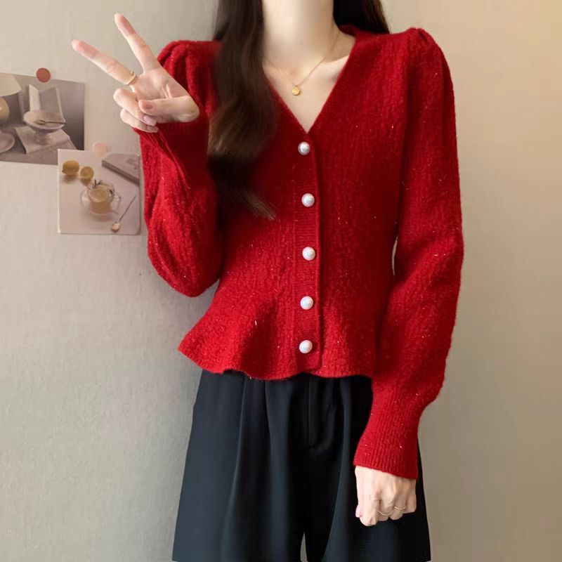 Cashmere Sweater Coat Women's 2024 New Arrival Tight Waist Elegant V-Neck Chanel Style Knitted Cardigan Long-Sleeved Slim-Fit Top