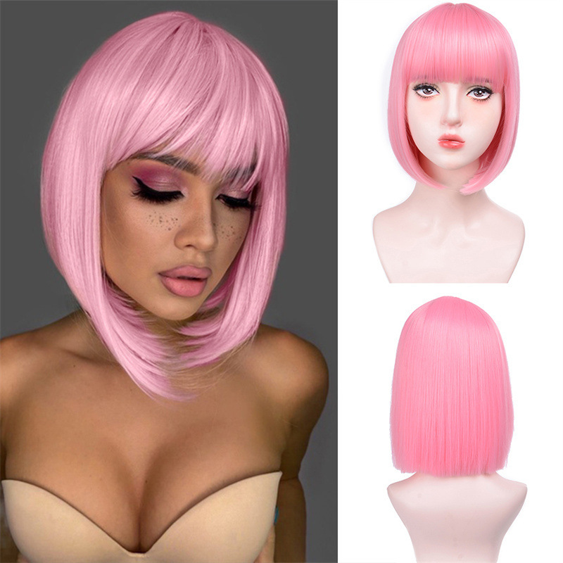 Fábrica directa europea y americana pelucas mujeres negras, cabello corto y recto BOBO fibra química pelucas de cabello completo una pieza de cabello image 4