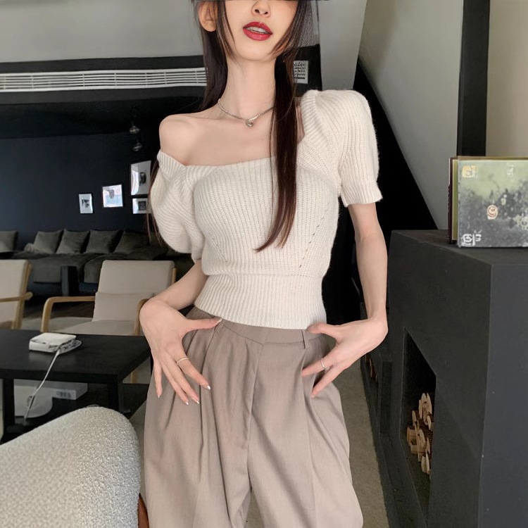 Chanel Style Puff Sleeve Short Knitted T-shirt Women's Summer New French Style Stylize Age-reducing Slim-fit Short-sleeve Top Trendy