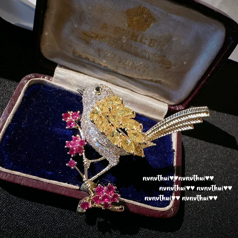Брошь «Золотая птица» с турмалином, винтажное позолоченное изделие 18K с желтой каплевидной вставкой