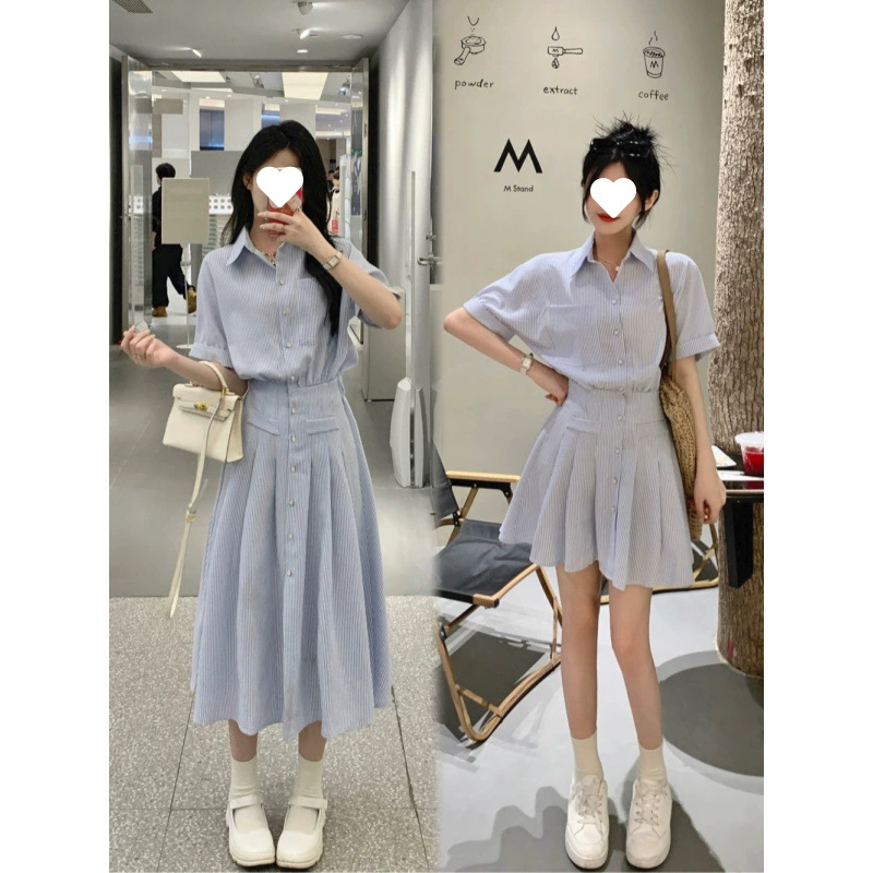 Настоящее фото женского летнего нового платья-рубашки в полоску больших размеров для полных девушек, утягивающее повседневное платье с короткими рукавами и воротником-поло