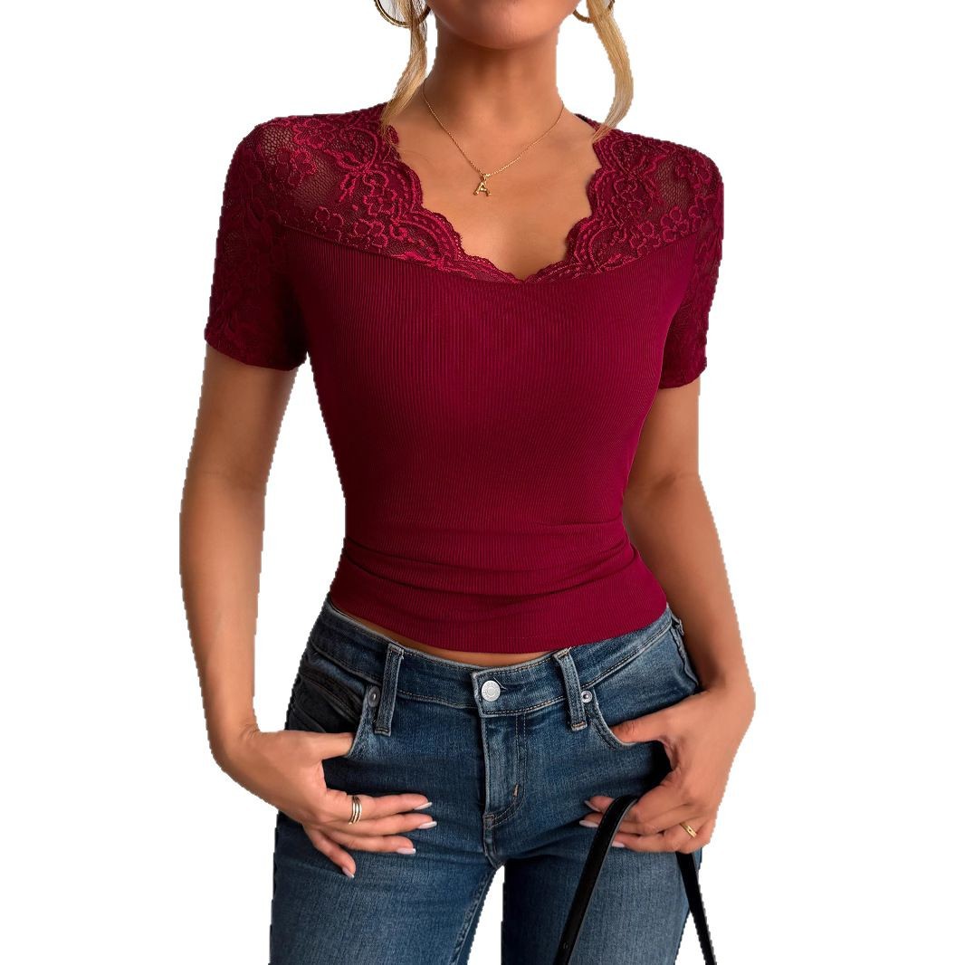 Top da donna a maniche corte con bordo in pizzo, casual ed elegante, con scollo e polsini dettagliati, ideale per la primavera/estate. Nuovo arrivo._voghion.com