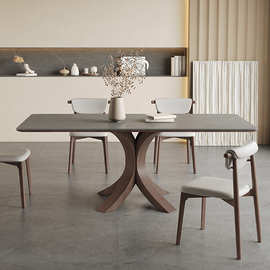 北欧实木长餐桌家用胡桃木色依诺岩板白蜡木餐桌椅组合全实木