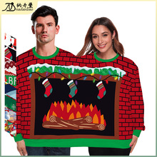2024秋冬新款圣诞节服饰情侣上衣欧美3d数码印花男女连体圆领卫衣