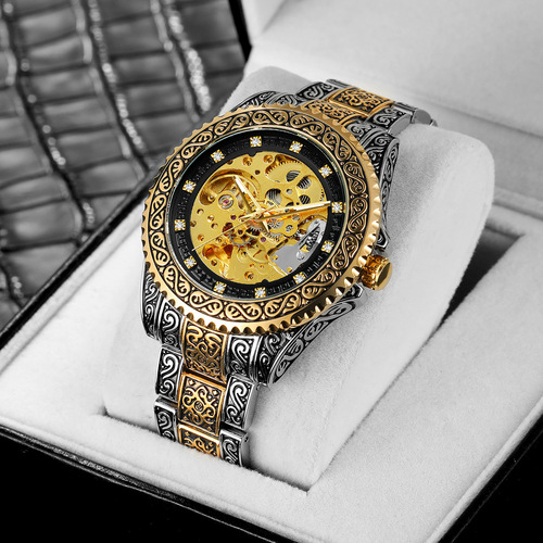 New forsining European and American style men's fashionable and casual hollow retro carved automatic mechanical watch