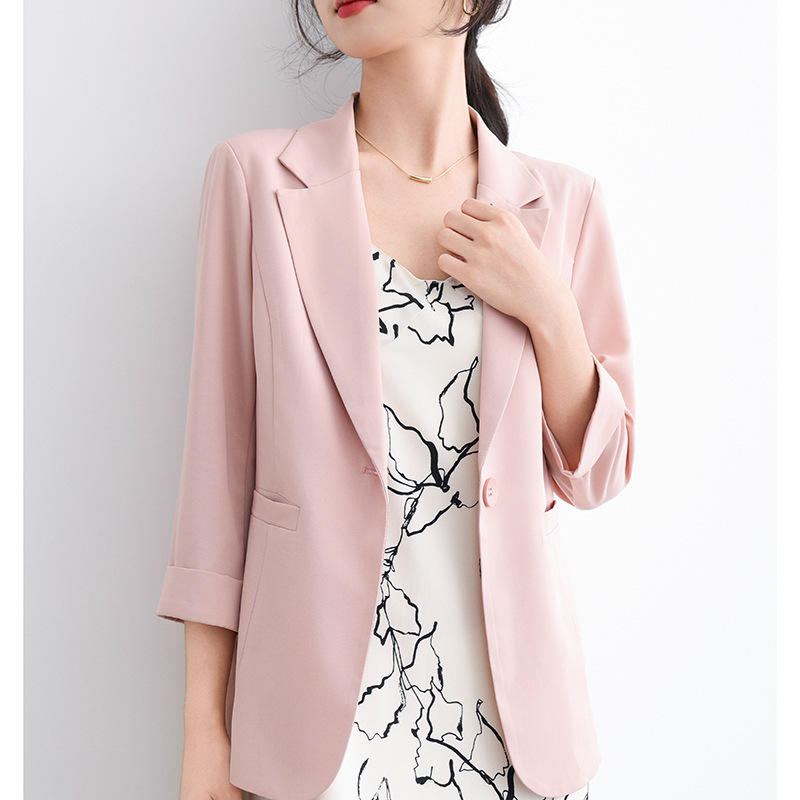Pink Casual Blazer Women's Spring and Summer New Fashion Thin Three-Quarter Sleeve Versatile Slim Suit Top