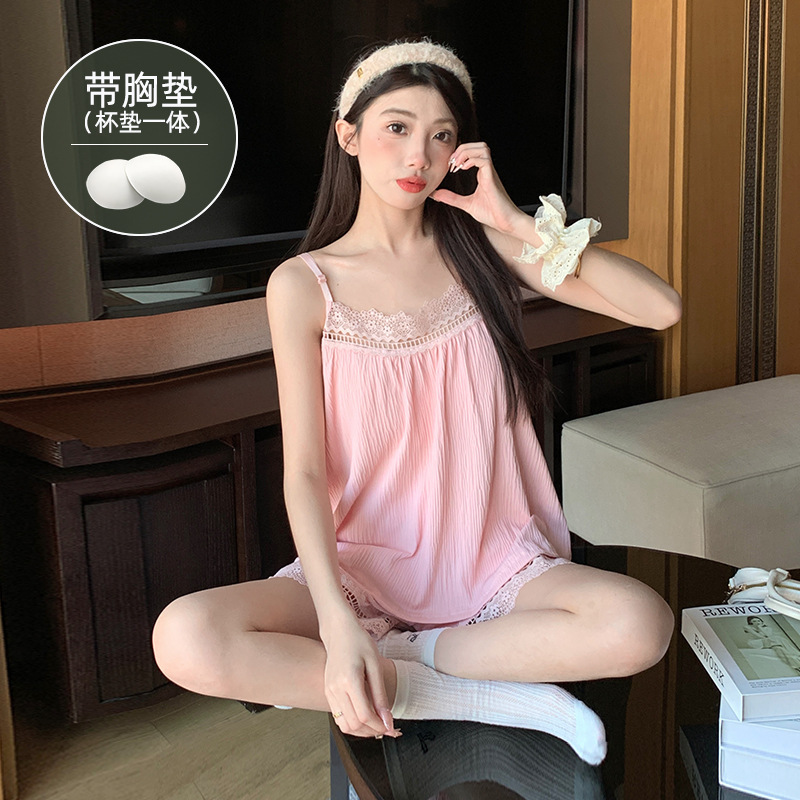 しわの布のしわの綿の胸のパッドのストラップのショートパンツのスーツの夏のパジャマの女性の部屋の服のその他の徳の絨毛の漫画|undefined