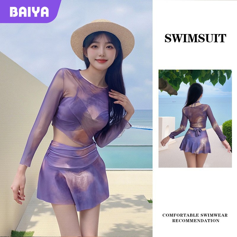 2025 nuevo traje de baño femenino dividido traje de baño de tres piezas sexy púrpura gasa de red bikini spa traje de baño de vacaciones al por mayor