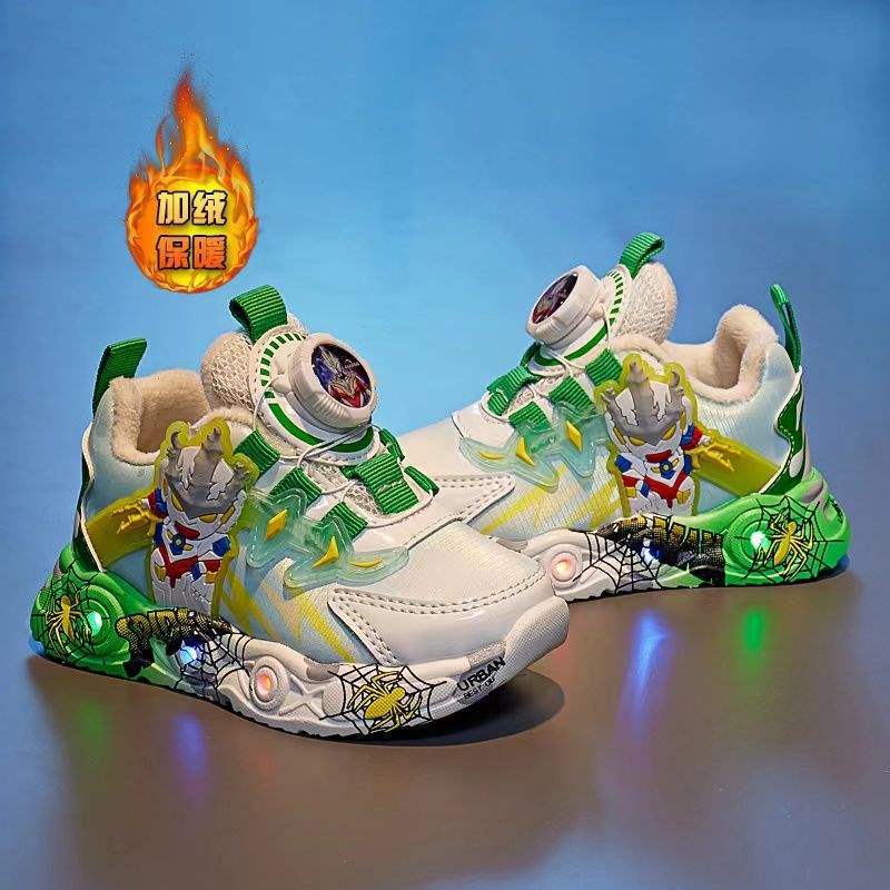 Children's Shoes, New Light-Up Button Sneakers, Plus Velvet to Keep Warm, Suitable for Boys and Girls, Super Cool Cartoon Non-Slip Soft Soles