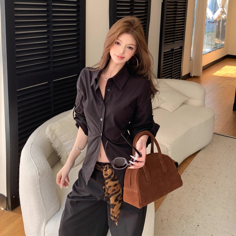 实拍 ！黑色酷飒衬衫长裤套装女chic感长袖上衣休闲阔腿裤潮|undefined
