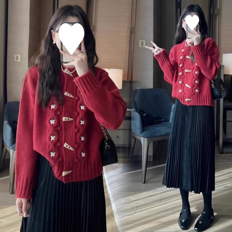 Early Autumn and Winter Clothing, a Complete Set of Small Fragrant New Year's Eve Red Battle Suit, Sweater, Two-Piece Suit, Skirt for Women