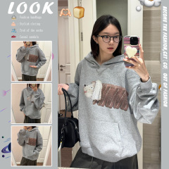 美式复古小众趣味面包狗印花宽松连帽加绒卫衣女秋冬慵懒百搭上衣