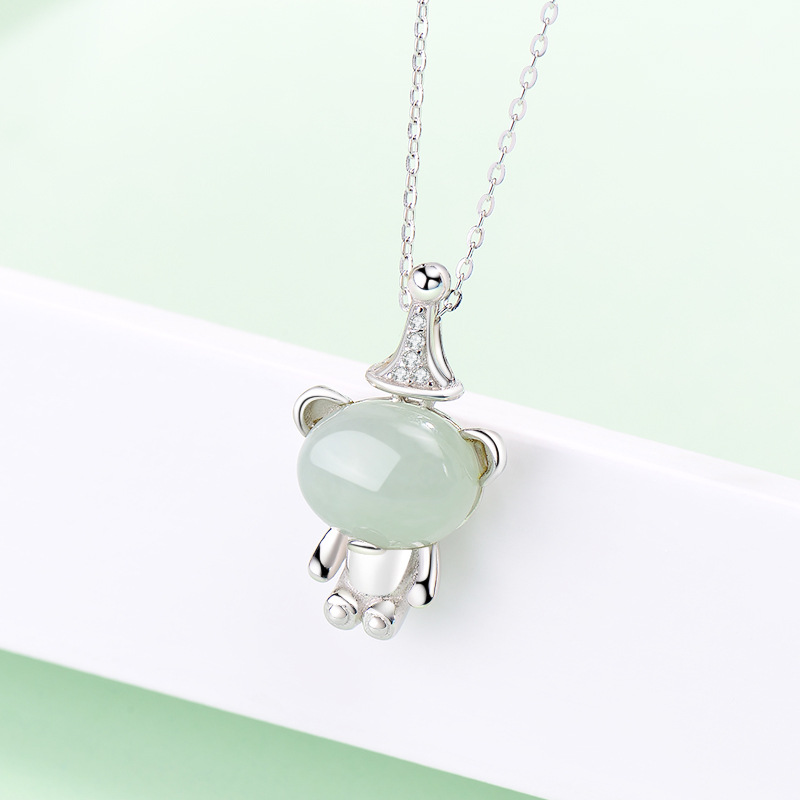 S925银镶玉小熊吊坠翡翠项链A货时尚小熊玉坠带证书情人生日礼物