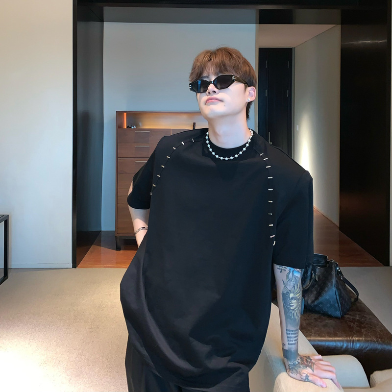 Niche High-end Sense Pad Shoulder Short-sleeved T-shirt Men's Loose Summer Puffy Handsome Round Neck Half-sleeved Top Fashion Brand Pure Cotton Waistcoat