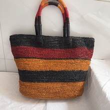 现货新款拉菲草手工编织拼色手提包女士夏季度假通勤大容量手提包