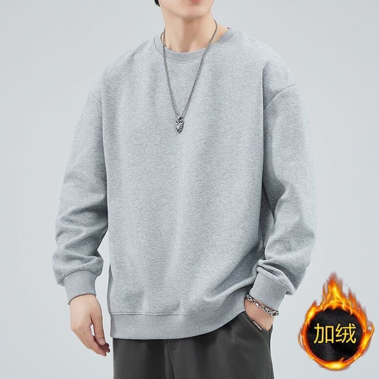 Loose-Fitting Fleece-Lined Men's T-Shirt in Hong Kong Style, Casual Outdoor Crew Neck Sweatshirt, Long-Sleeve Pullover for Men and Couples
