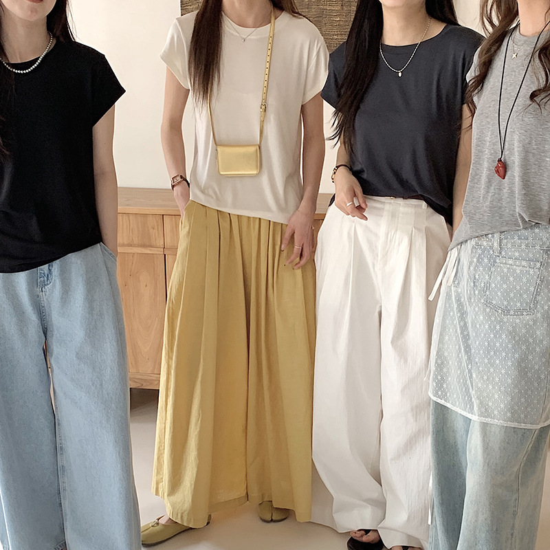 Morishima Basic Round Neck Short-Sleeved T-Shirt for Women Summer New Pure Color Versatile Sleeved Slim Right Shoulder Bottoming Top